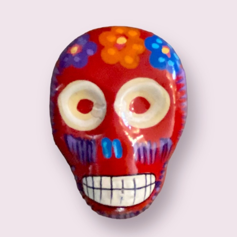 Mexican Clay Folk Art - Calavera Skull Jewelry/Trinket Box in Red